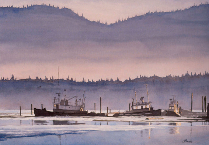 Icy Morning Cowichan Bay - Original Watercolour framed 37" x 29" (SOLD)