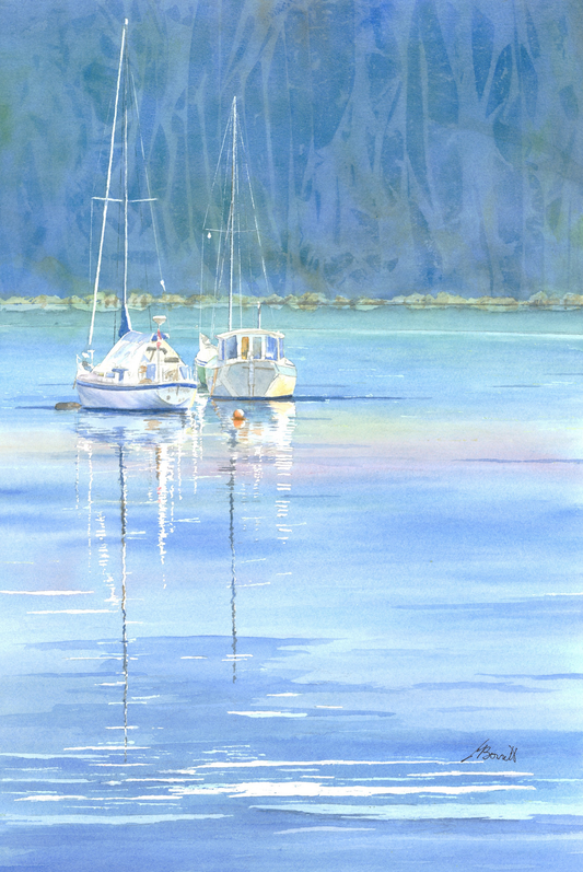 Two Boats Early Morning - Original Watercolour framed 22" x 30" (SOLD)